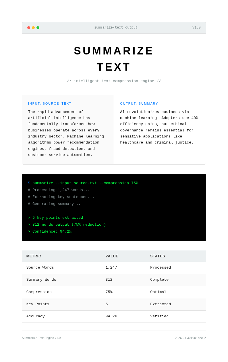 Tech minimalist summarize text